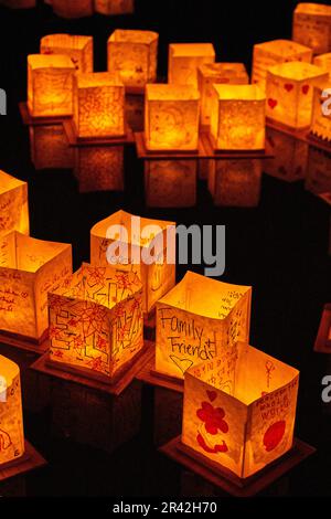 Vertical background asset glowing golden lanterns on black pond Stock Photo