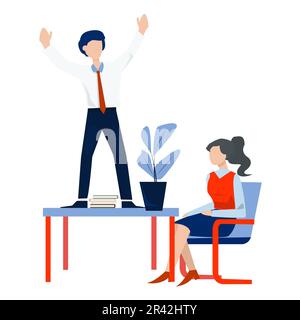 Business people at work vector illustration. Businessman and businesswoman sitting at the table and working together. Stock Vector