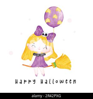 Cute adorable Halloween happy smile witch girl on flying brooomstick cartoon watercolor hand drawing Stock Vector