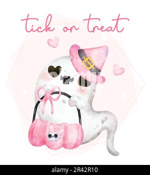 Cute kawaii pink hallooween ghost with empty pumpkin basket, trick or treat , happy smile cartoon character bootiful watercolour hand painted vector g Stock Vector