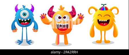 Monster character set vector design. Monster cartoon with funny and smiling facial expression in white background. Vector illustration characters Stock Vector