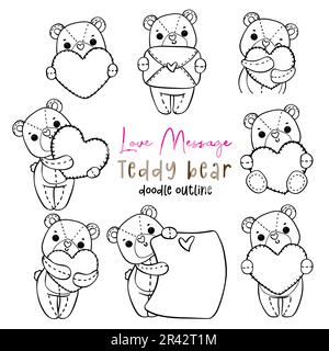 Cute romantic Valentine Teddy Bear with heart love message doodle hand drawing cartoon character outline for coloring page Stock Vector