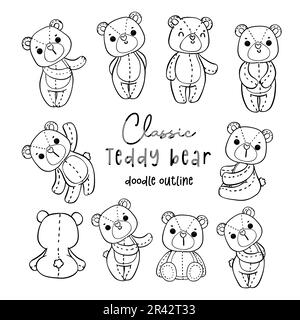 Cute romantic Valentine Teddy Bear doodle hand drawing cartoon character outline for coloring page Stock Vector