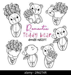 Cute romantic Valentine Teddy Bear with bouquet roses doodle hand drawing cartoon character outline for coloring page isolated on white background Stock Vector