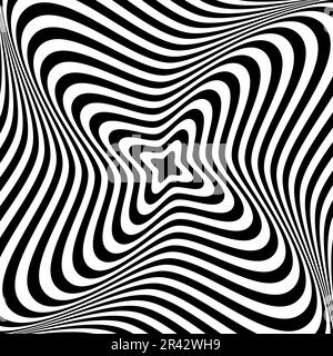 Optical illusion background. Black and white abstract distorted lines surface. Poster design. Radial torsion spiral illusion wallpaper. Vector illustration Stock Vector