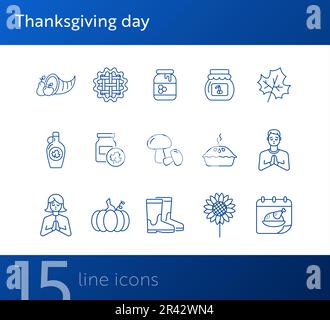 Thanksgiving day line icon set with praying people and calendar Stock Vector