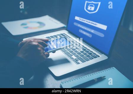 Cybersecurity and privacy concepts to protect data. Lock icon and internet network security technology. Businesswoman protecting personal data on sama Stock Photo