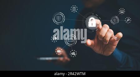 Cybersecurity and privacy concepts to protect data. Lock icon and internet network security technology. Businesswoman protecting personal data on smar Stock Photo