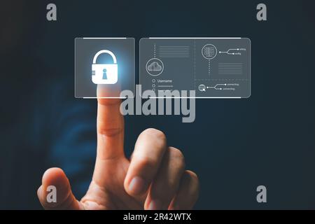 Cybersecurity and privacy concepts to protect data. Lock icon and internet network security technology. Businesswoman's touch screen lock with protect Stock Photo