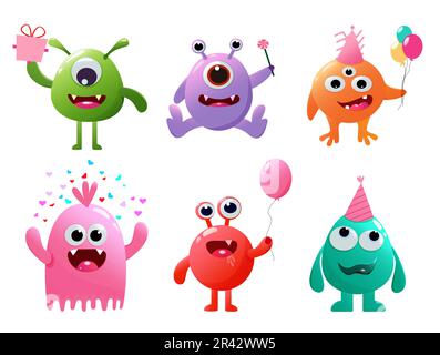 Monster birthday set vector design. Birthday cute monster and mascot collection holding party elements. Vector illustration colorful character costume Stock Vector