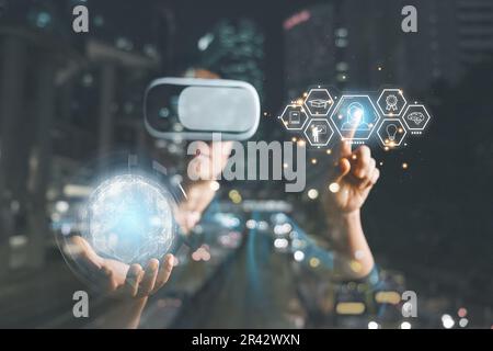 woman wearing VR glasses and accessing Cloud Computing Technology Internet Storage Network Concept And a large database big data Through internet tech Stock Photo