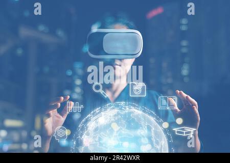 woman wearing VR glasses and accessing Cloud Computing Technology Internet Storage Network Concept And a large database big data Through internet tech Stock Photo