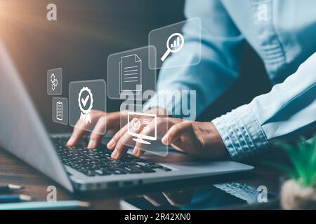 Quality control certification, check guarantee of standard of company product. Concept on virtual screen. Standards, certification and standardization Stock Photo