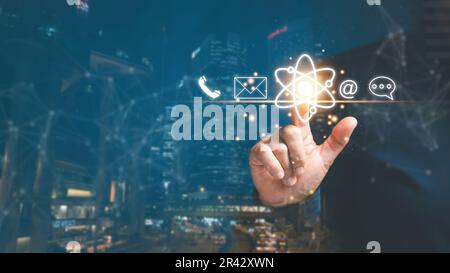 Businesswoman touching on virtual screen contact icons ( email, address, live chat, internet wifi ). Contact us or Customer support hotline people con Stock Photo