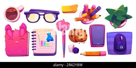 Top view student work desk education design set with isolated cute fluffy notebook, phone, glasses, mouse and pencil. Workspace table interior elements collection for creative digital home learning Stock Vector