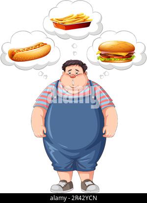Overweight man thinking about fast food illustration Stock Vector