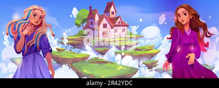 Magic house in sky and standing woman. Fairy tale about opposite good and evil opposite kingdom character. Floating rock heaven island with buildings architecture scenery. Witch mansion air landscape Stock Vector