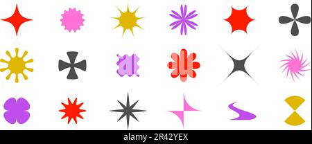 Primitive geometric forms collection. Abstract stars, flowers, crosses, sunburst shapes in Swiss, bauhaus or Memphis style. Brutalist elements pack for poster, banner, collage. Vector signs bundle.  Stock Vector