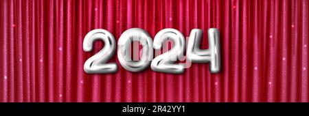 Silver 2024 numbers on Viva Magenta silk cloth background. Vector realistic illustration of grey chrome 3D figures, glossy metal decoration on sparkling satin drapery. New year banner, holiday celebration Stock Vector