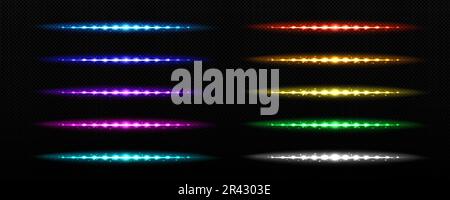 Realistic set of rainbow LED stripes isolated on transparent background. Vector illustration of colorful light tubes glowing in darkness. Night club party decor. Retro futuristic design elements Stock Vector