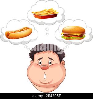 Overweight man thinking about fast food illustration Stock Vector