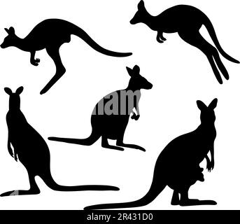 Collection silhouettes kangaroo. Vector illustration. Isolated hand drawings Australian animal on white background for design Stock Vector