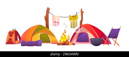 Camping equipment set. Tents, burning campfire, backpack, rolled sleeping bag, boiler, chair and clothing hanging on rope for drying isolated on white background. Hiking cartoon vector illustration Stock Vector