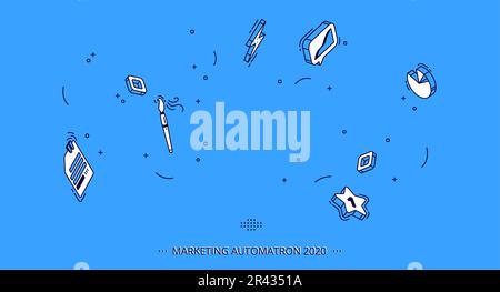 Isometric mobile icons for business, marketing, social media. Vector flat signs of chart, data page, brush and star. Symbols collection for website, application graphic interface on blue background Stock Vector