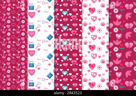 Endless minimal love pattern vector with heart shape, keys, and flowers. Abstract Valentine pattern texture design for wallpapers, book covers, and fa Stock Vector