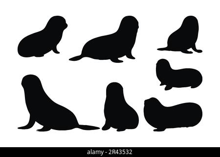 Seals crawling in different positions, silhouette set vector. Adult seals silhouette collection on a white background. Beautiful sea creatures like se Stock Vector