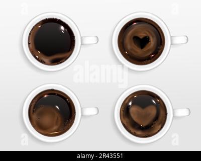 Cups of coffee with heart shape from cream foam. Vector realistic set of hot espresso, cappuccino in mugs with latte art isolated on white background in top view Stock Vector