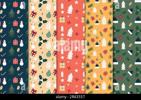 Creative seamless pattern bundle decoration on dark and red backgrounds. Christmas endless pattern collection with snowman, pine tree, and gift icons. Stock Vector