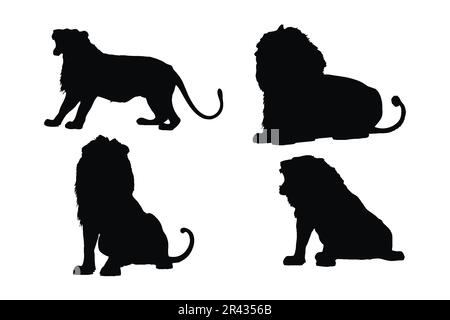 Lion roaring silhouette vector on a white background. Wild lion silhouette set vector. Male lion silhouette bundle design. Carnivore animals sitting i Stock Vector