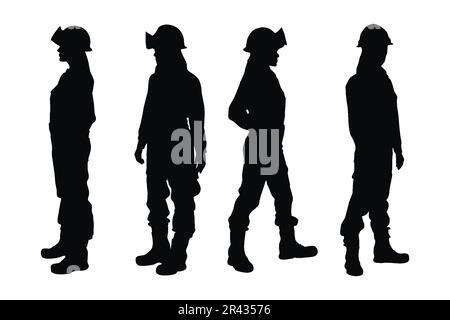 Female mason standing in different position silhouette set vector. Woman bricklayers silhouette bundle on a white background. Girl construction worker Stock Vector