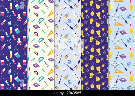 Education pattern bundle vector with purple and white color backgrounds. Science and education pattern collection for backdrops, book covers, and wall Stock Vector