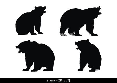 Bear silhouette vector collection on a white background. Beautiful big bear roaring on the wildlife silhouette set design. Carnivore bear standing and Stock Vector