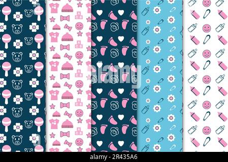 Seamless childish pattern collection with baby toys, heart shapes, and baby feeder icons. Endless baby pattern bundle decoration with dark and white b Stock Vector