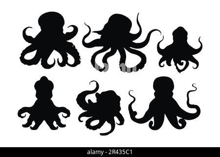 Octopus with tentacles in different positions, silhouette set vector. Big octopus silhouette collection on a white background. Sea creatures like octo Stock Vector