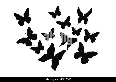 Wild butterflies flying silhouette set design. Butterflies silhouette vector collection on a white background. Monarch standing and sitting. Moth and Stock Vector