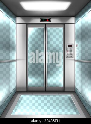 Empty glass elevator cabin with transparent walls, floor and closed doors. Vector realistic interior of passenger lift with buttons panel and digital display with arrows up and down in office building Stock Vector