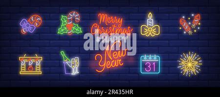 December holidays neon sign set Stock Vector