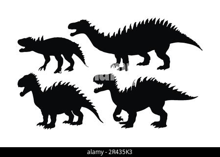 Dinosaur roaring in different positions, silhouette set vector. Big dinosaur standing silhouette collection on a white background. Historic carnivore Stock Vector