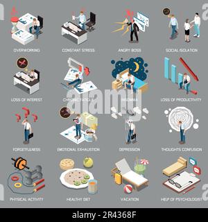 Professional burnout syndrome isometric icons set with emotional breakdown symbols isolated vector illustration Stock Vector