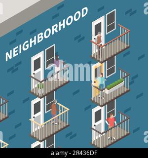Neighbours isometric concept with people on building balcony vector illustration Stock Vector