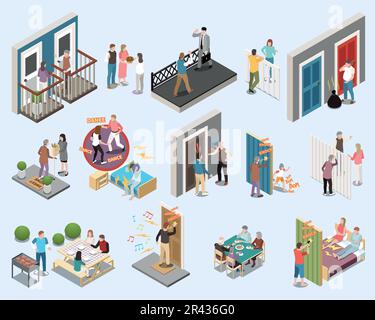 Neighbors isometric icons set with people chatting friendly and having parties isolated vector illustration Stock Vector
