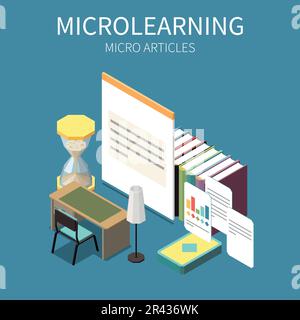 Microlearning isometric concept with micro articles trend symbols vector illustration Stock Vector