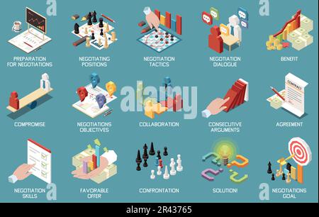Business negotiations and agreements isometric icons set isolated vector illustration Stock Vector