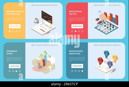 Business negotiations isometric banner set with contracts and agreement symbols isolated vector illustration Stock Vector