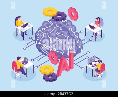 Isometric neural network programmer composition with isolated icons of gear brain and human characters at computers vector illustration Stock Vector