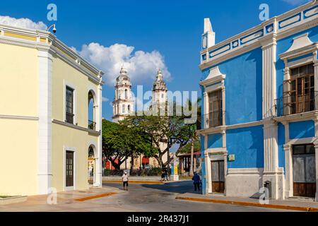 View to cathedral church framed by Spanish colonial buildings, Campeche city, Campeche State, Mexico Stock Photo